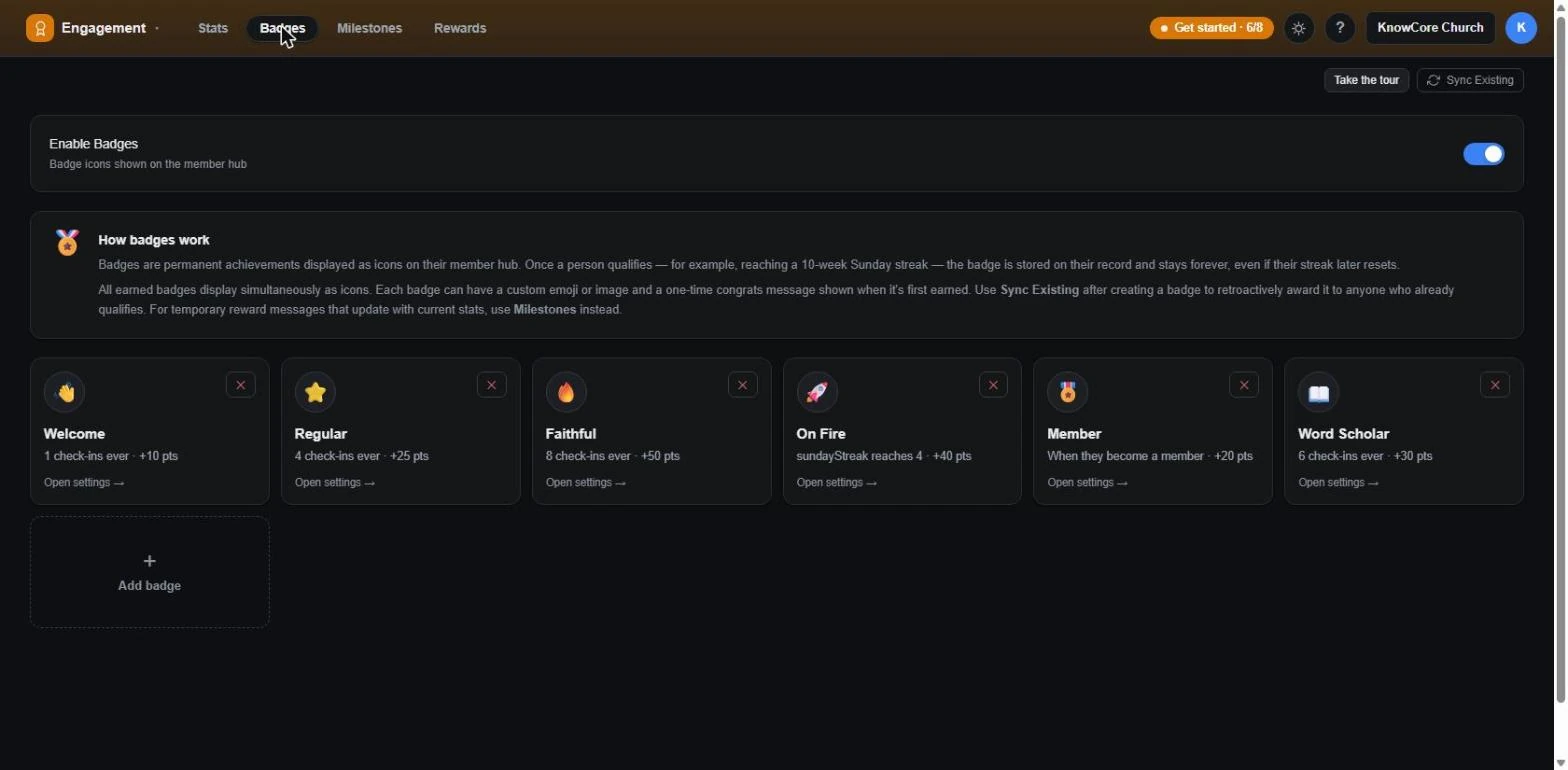 KnowCore Engagement → Badges: Welcome, Regular, Faithful, On Fire, Member and Word Scholar badges, each with its rule and point value, plus Add badge and Sync Existing.
