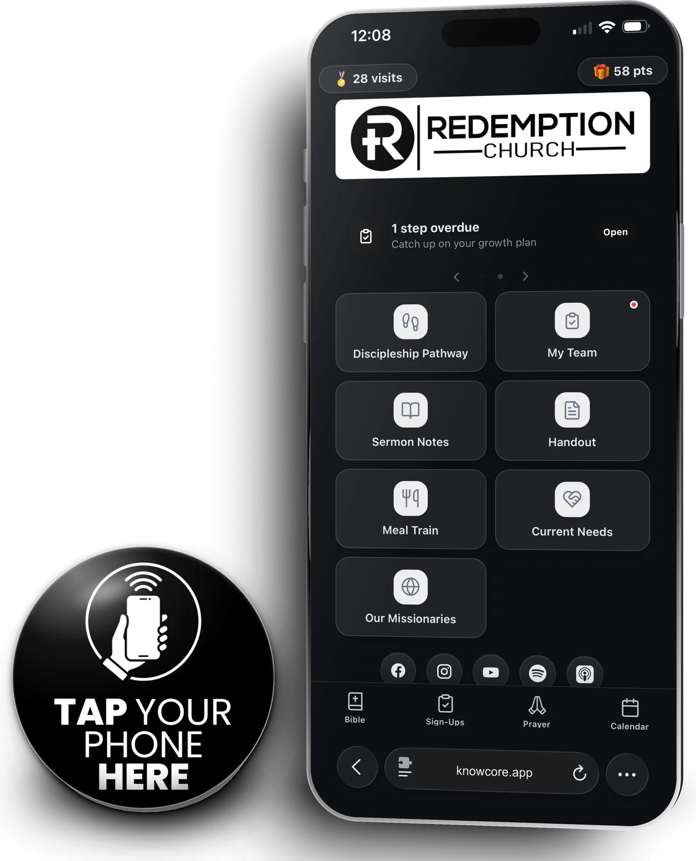 A phone showing the KnowCore member hub branded for Redemption Church — visit and points badges, a growth-plan reminder, Discipleship Pathway, My Team, Sermon Notes, Handout, Meal Train, Current Needs, and Our Missionaries cards — next to a round black NFC tag that reads “Tap your phone here”.