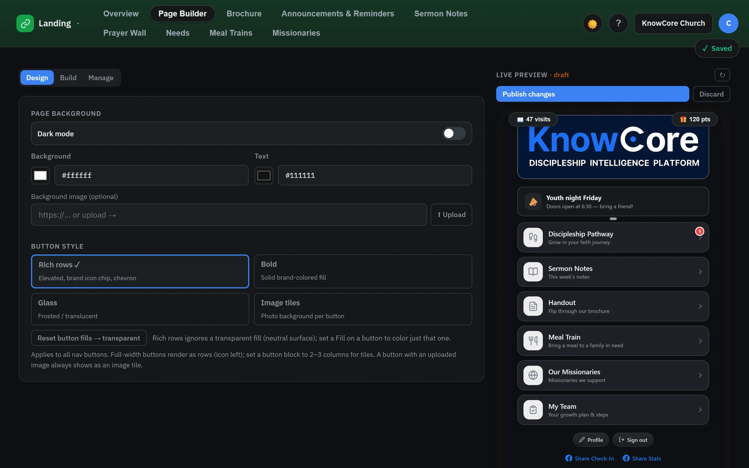 The KnowCore page builder in the admin console, with the live preview showing the KnowCore Church member hub: visits and points, a youth-night reminder, Discipleship Pathway, Sermon Notes, Handout, Meal Train, Our Missionaries and My Team buttons, earned badges, and the Bible, Prayer, Contact, Connect Card and Give tab bar.